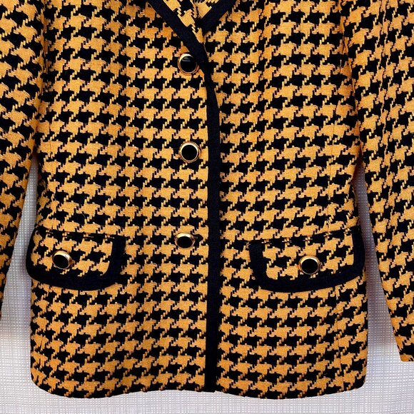 VINTAGE Houndstooth Black Gold Plaid Blazer Structured Flap Pockets Blac… - Picture 6 of 16